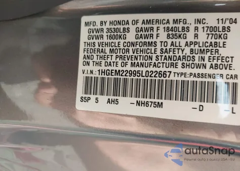 2005 Honda Civic Ex из США, поврежденный, VIN 1HGEM22995L022667